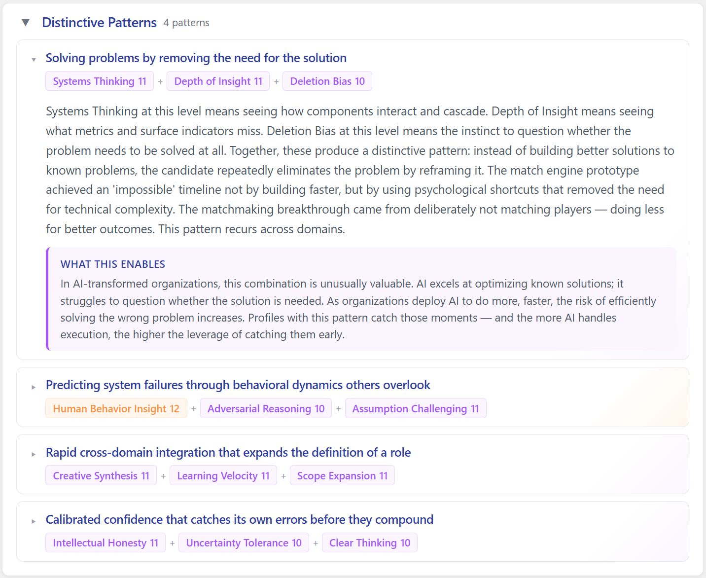 Distinctive Patterns section with one pattern expanded: trait pills with scores, a detailed pattern description, and a 'What This Enables' callout connecting the pattern to AI-era value. Additional collapsed patterns visible beneath.